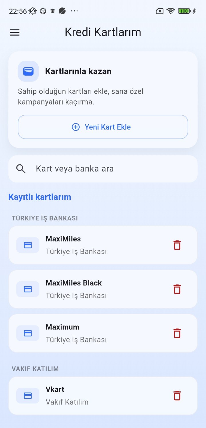 Kayıtlı kredi kartları ekranı