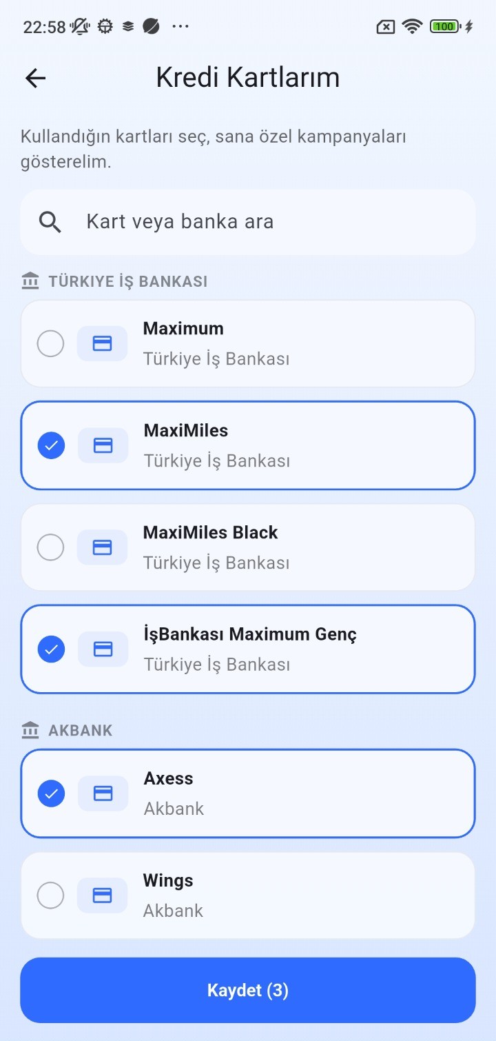 Kredi kartı seçim ekranı